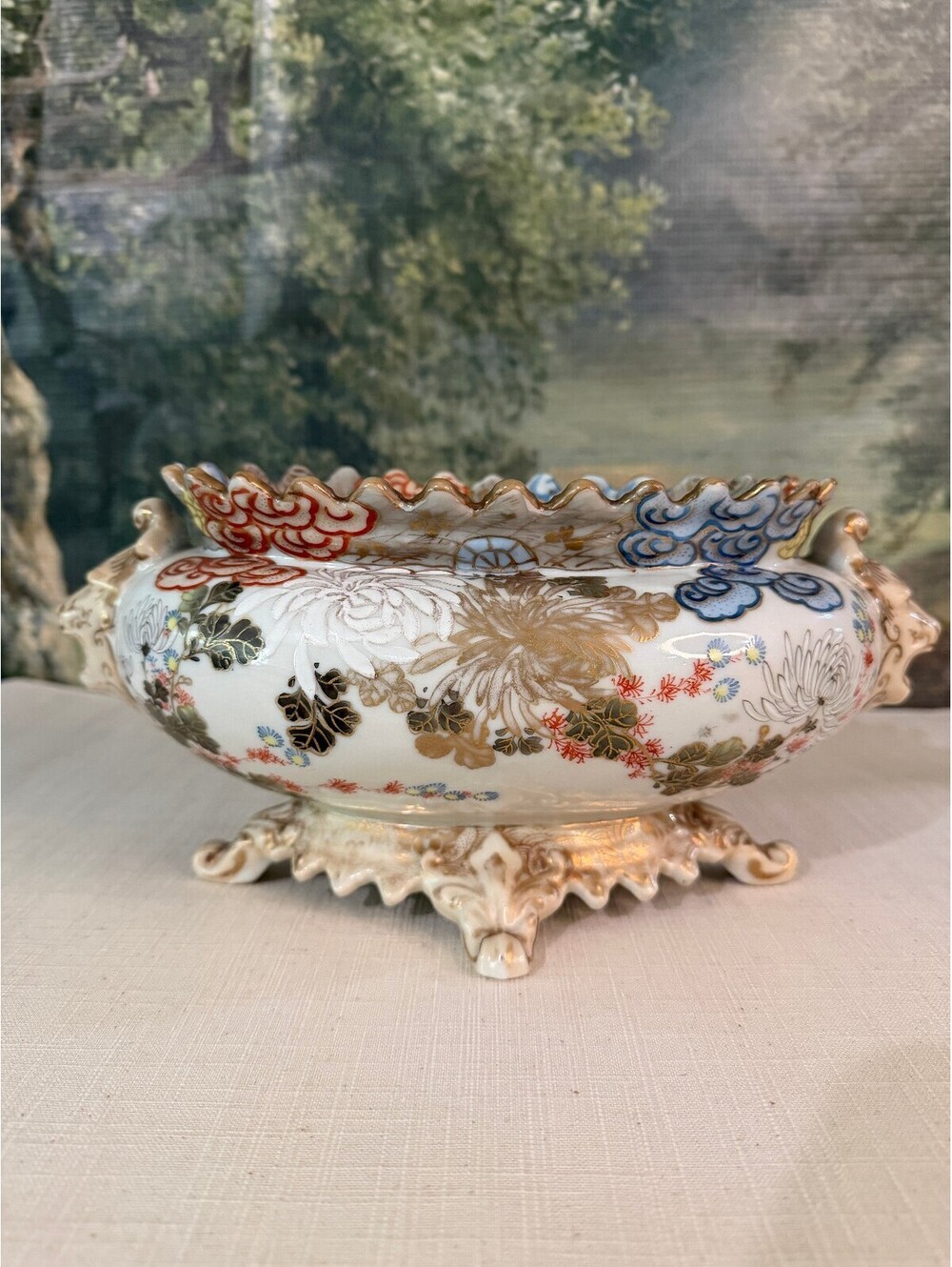 Antique Decorative Footed Porcelain Bowl with Floral and Gold Accents